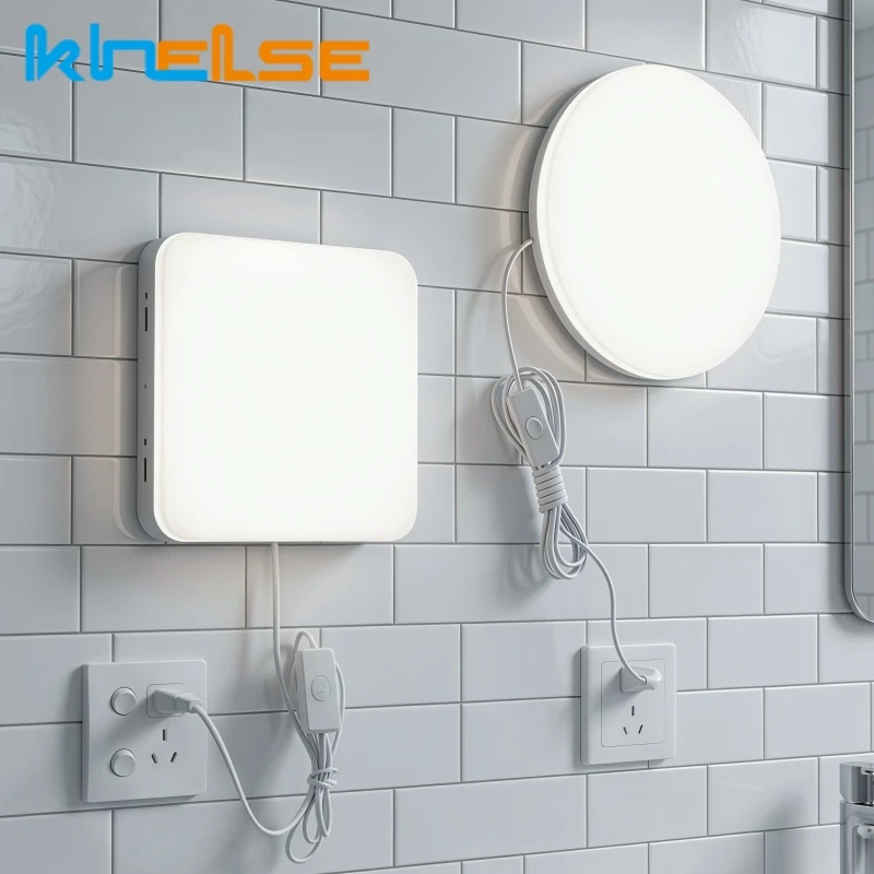 Plastic LED Bathroom Wall Lamp Oval/Square Surface Mounted Moistureproof Sconce Garden Porch Ceiling Lights With EU/US Plug Cord