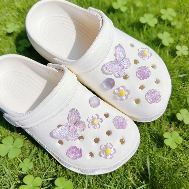 New 12Pcs Butterfly Flower Hole Shoe Charms Set Fit Children Decorations For Shoes Ornaments Women Accessories Pins Wholesale