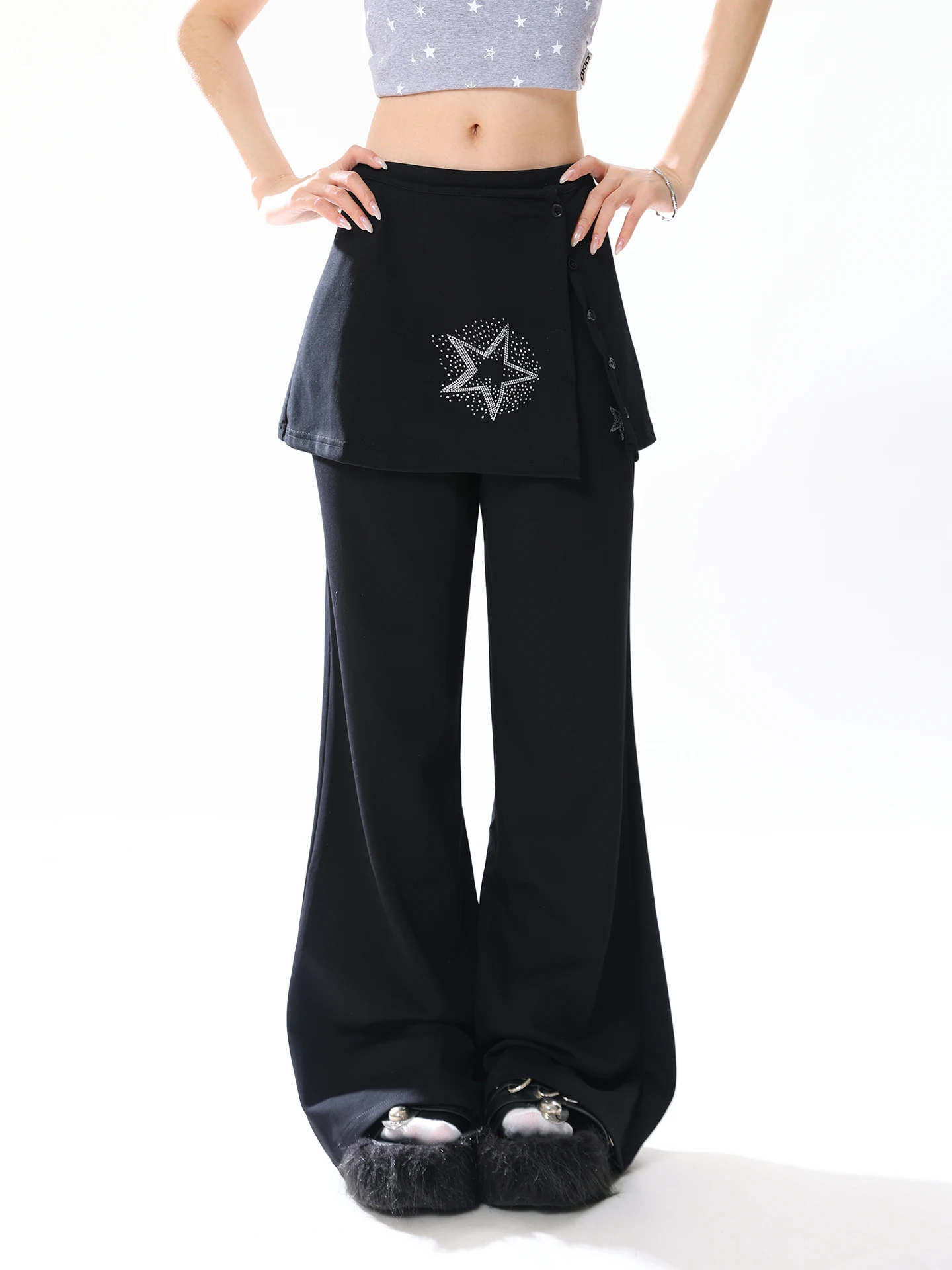 

AONW Y2K Stars Rhinestone Butt Curtain Micro Flared Pants Women High Waist Slimming Long Trousers Casual High Waist Polyester