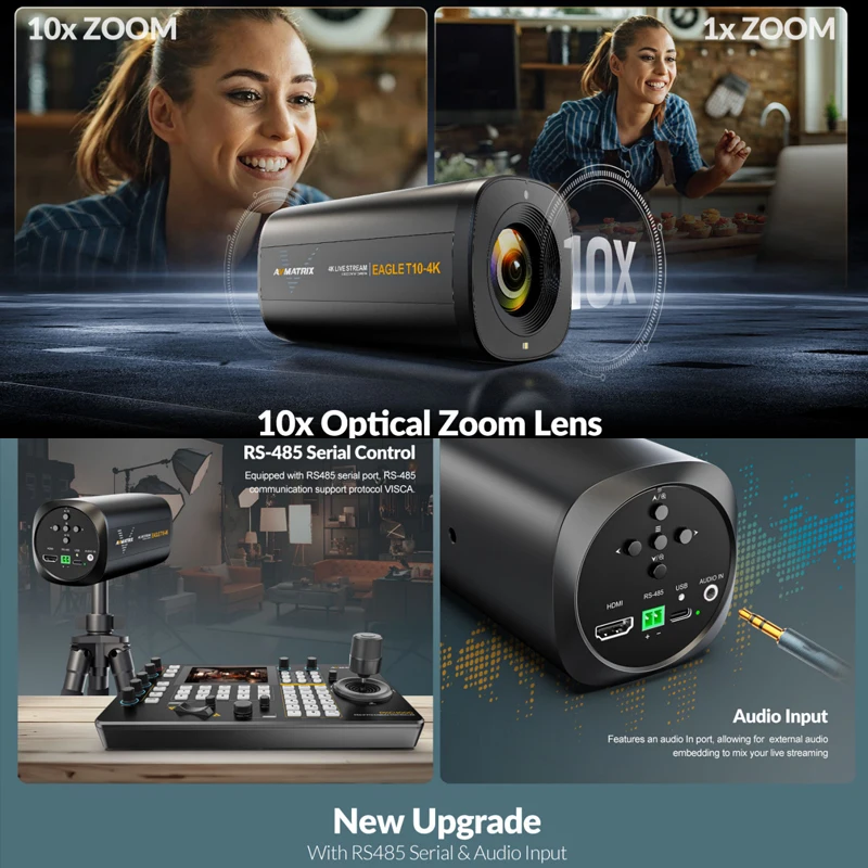 

Avmatrix Eagle T10-4K Live Stream Camera with 10X Zoom Autofocus Tof Lens, Dual 4K Outputs,rs485 Serial & Audio Input