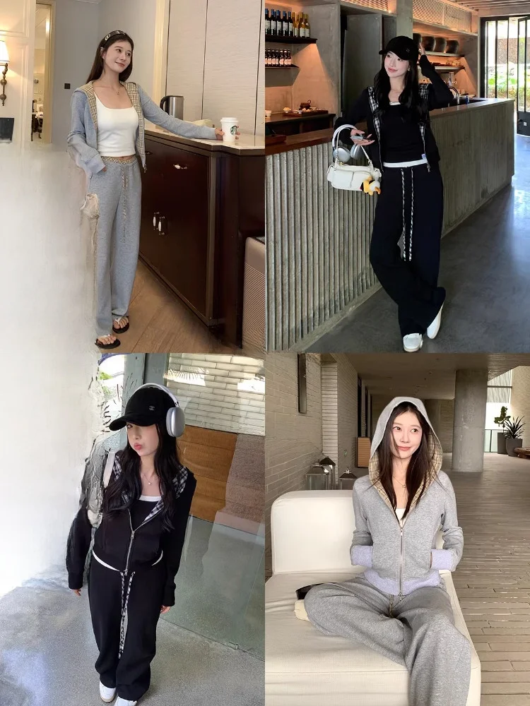 

EKOOL Женская толстовка с капюшоном на молнии Открытый кардиган Пальто Нож Широкие повседневные брюки Комплект из двух предметов Хлопковые длинные брюки све