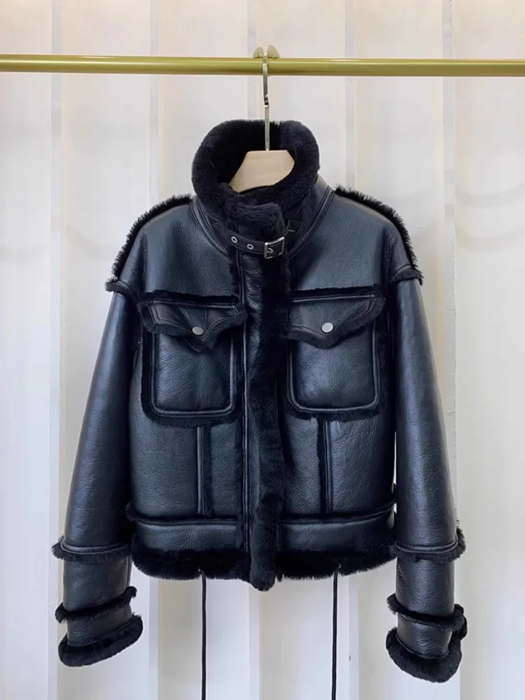 Abrigo de motocicleta de piel Real para mujer, forro de lana, cuello levantado, Punk genuino chaqueta de cuero, abrigos gruesos y cálidos de piel de oveja, invierno, nuevo