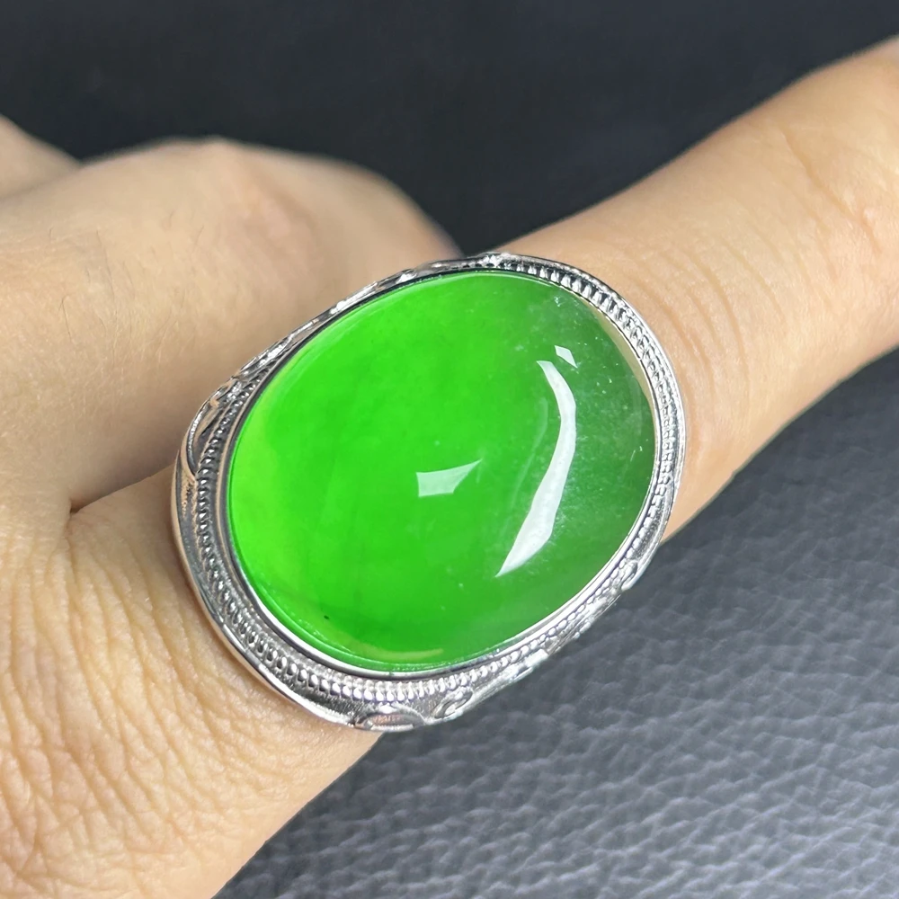 Big Size Oval 20x25mm Original Burma Green Jade China Propitious Cloud 925 Silver Man Ring