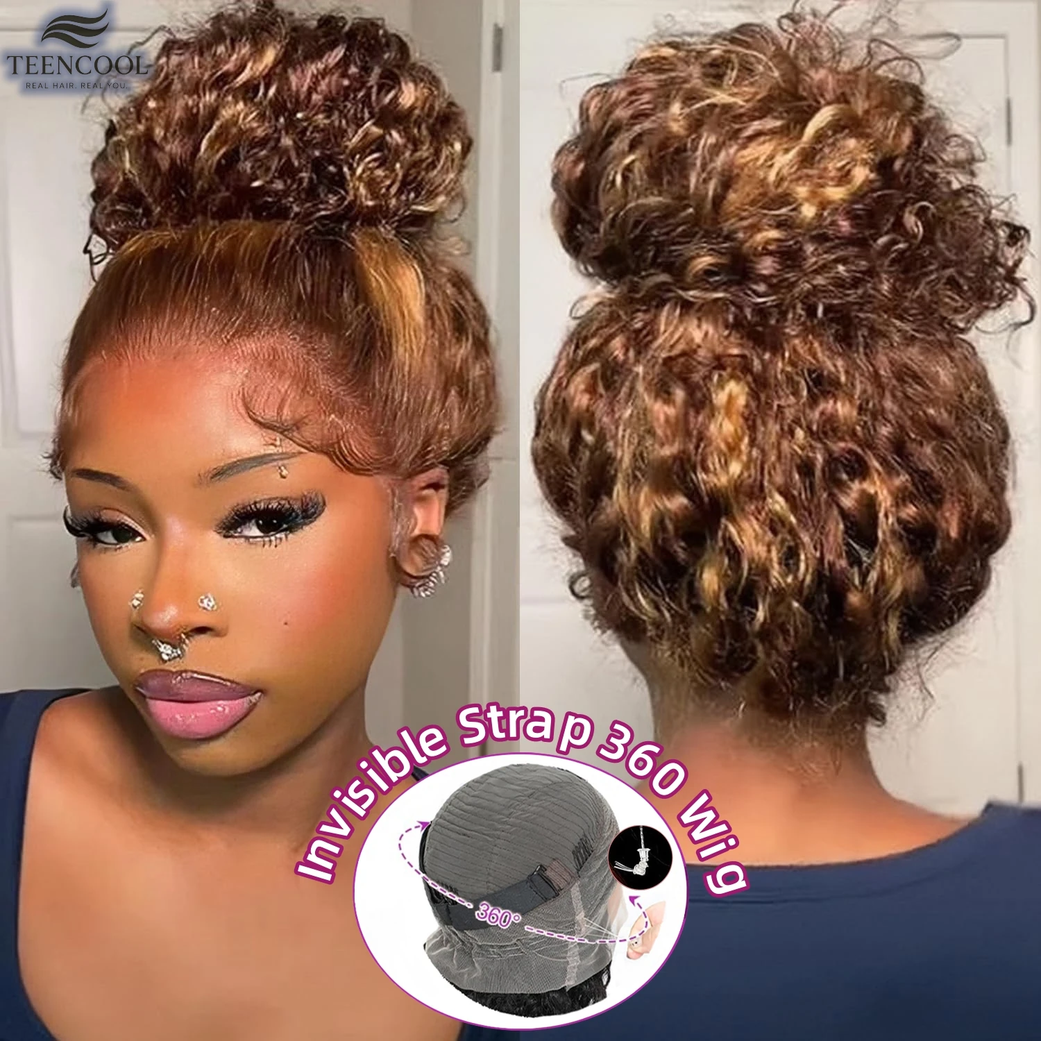 

30-дюймовый невидимый ремешок 360 Полный кружевной передний парик с волнистыми волнами Выделите блондинку Глубокая волна Фронтальный парик Бесклеевые вьющиеся парики Человеческие волосы