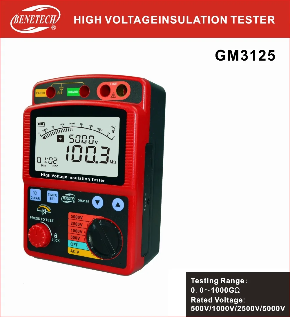 BENETECH 100% Original GM3125 Digital Insulation Resistance Tester Meter Megohmmeter 5000V Insulation Ohm Voltmeter