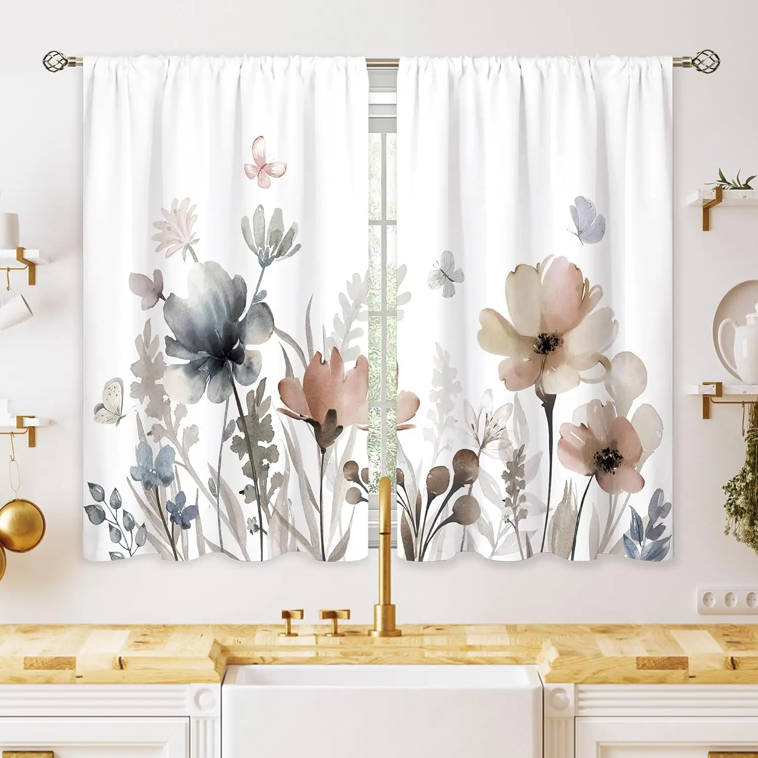 Watercolor Floral Curtains 2pcs Pair Botanical Boho Drapes Elegant Window Treatment Cottage Style Home Decor Bedroom Curtain