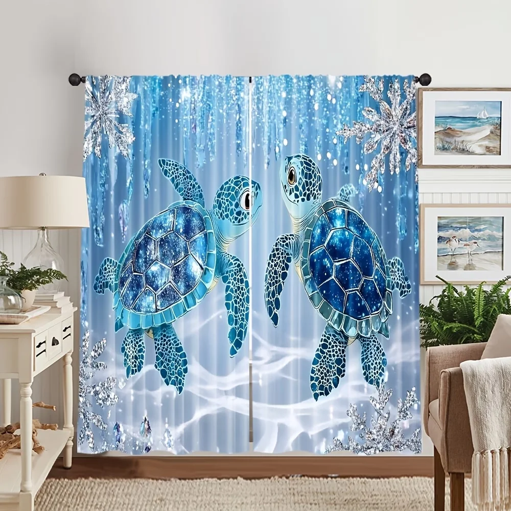 2PCS Digital Printed Curtains, Crystal Sea Turtle Ocean Marine Fantasy, Window Curtains for Living Room Bedroom Home Decoration