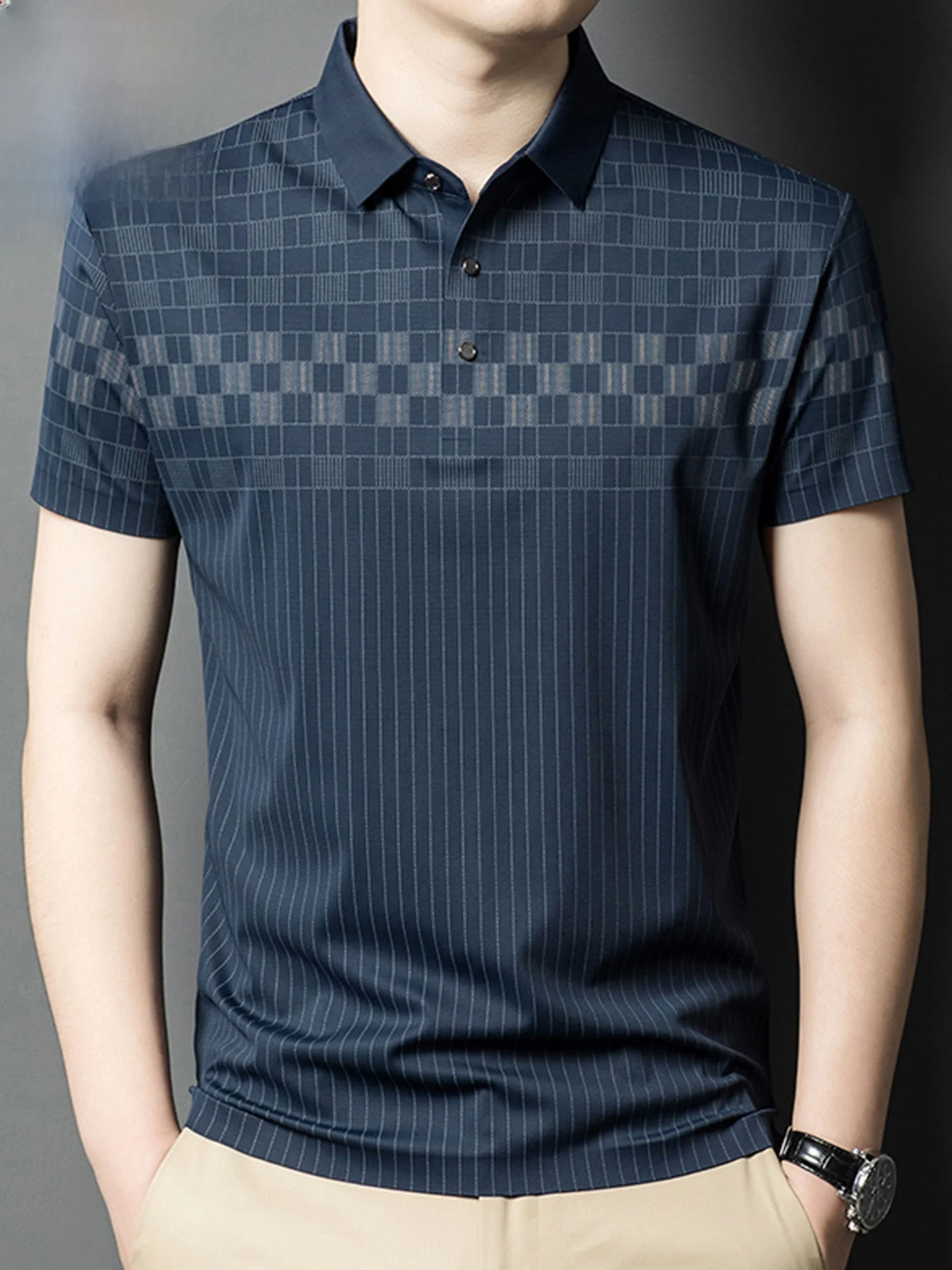 

Ice Silk ort Sve irt Men's Summer Faion T-irt No-Trace Plaid f Sve Busin Sle Dad Clothes Trendy
