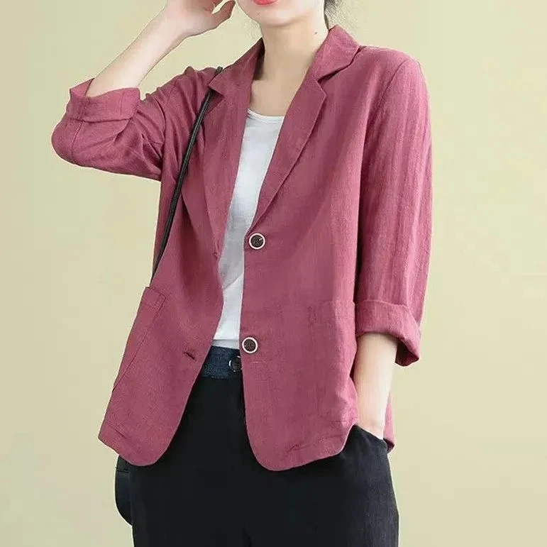 2023 Women Cotton Linen Blazers Oversized Loose Notched Button Up Thin Blazer Coat Solid Color Long Sleeve Casual Office Jackets