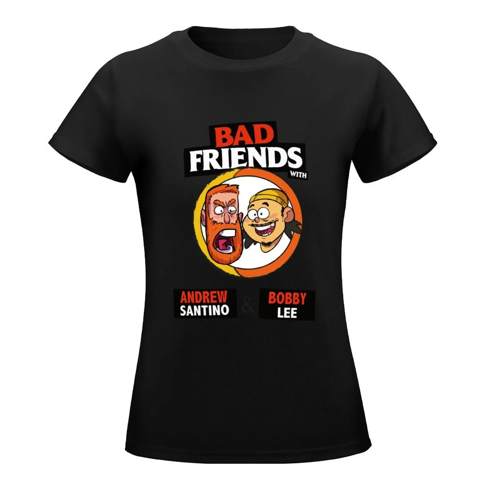 Bad Friends podcast-bobby lee-andrew santino Tシャツ、サマートップ、ブラック、女性用服