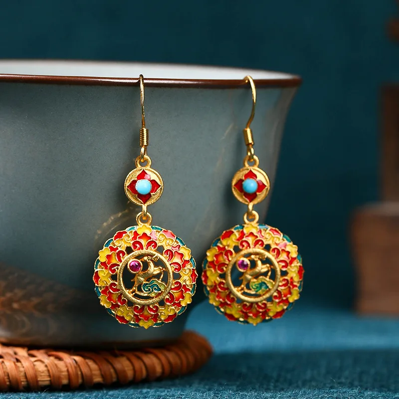 

Chinese Classical Style Copper Gold-plated Hollow Cloud Enamel Craftsmanship Inlaid Turquoise Women's Earrings