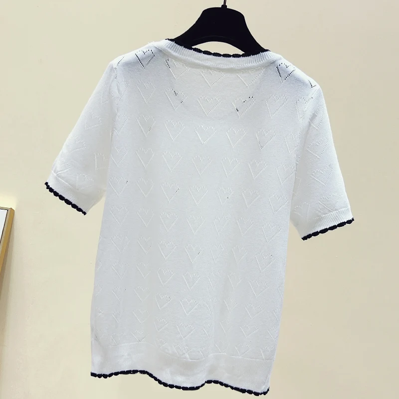 Summer Diamond Thin Knit Pullover Tops Women Short Sleeve Round Neck Loose T-shirts Casual Fashion Ice Silk Knitwear 2024