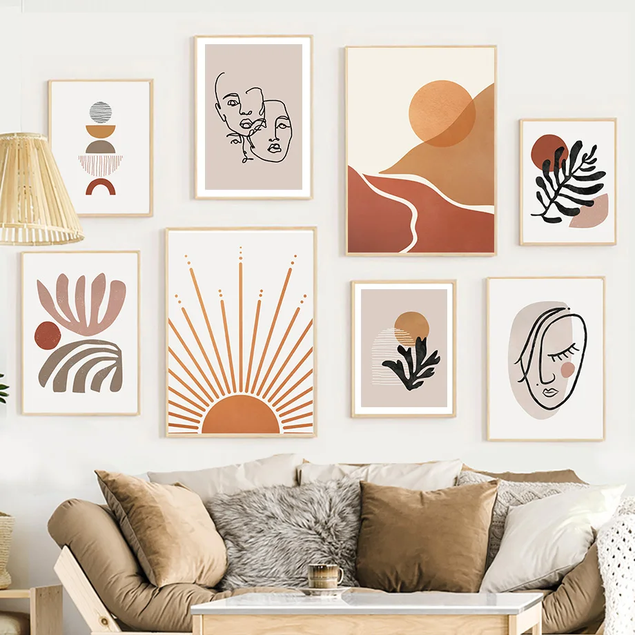 Lienzo Decorativo Boho con Diseño de Rostro, Sol, Arcoíris y Hojas Geométricas, Pósteres y Cuadros Abstractos para Dormitorio y Sala de Estar