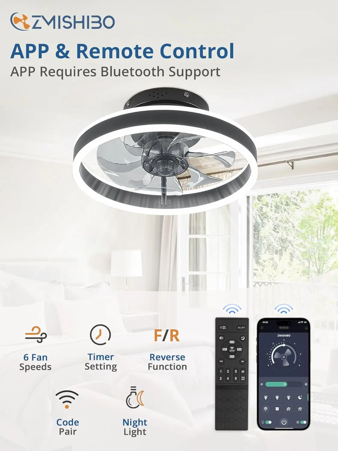 Low Profile Dimmable LED ventilador de teto com luzes e controle remoto, moderno Flush Mount, pequena luz, 13"