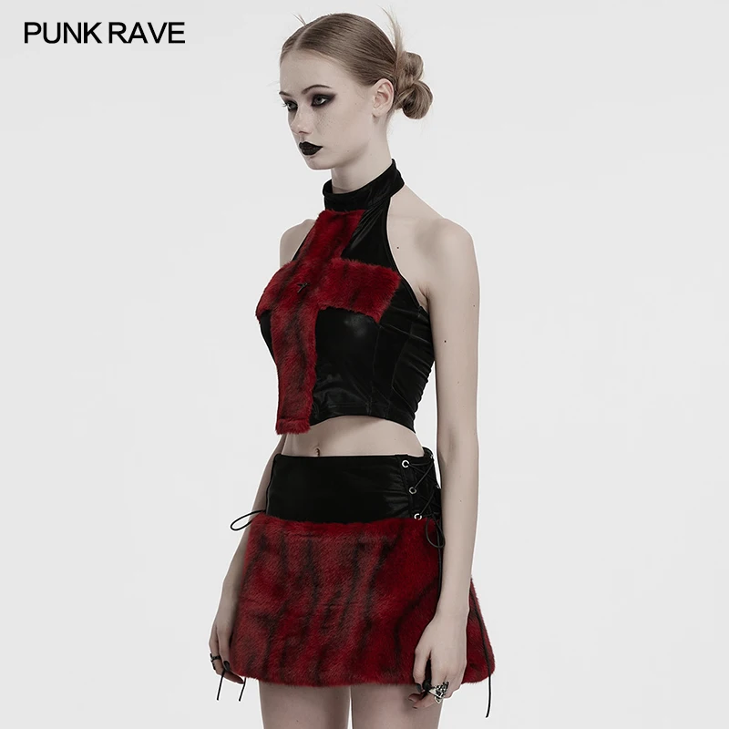 PUNK RAVE Women's Flame Tie-dyed Woollen Fur Hidden Button Vest Cross Shaped Stitching on The Chest Fashion Tank Top Women