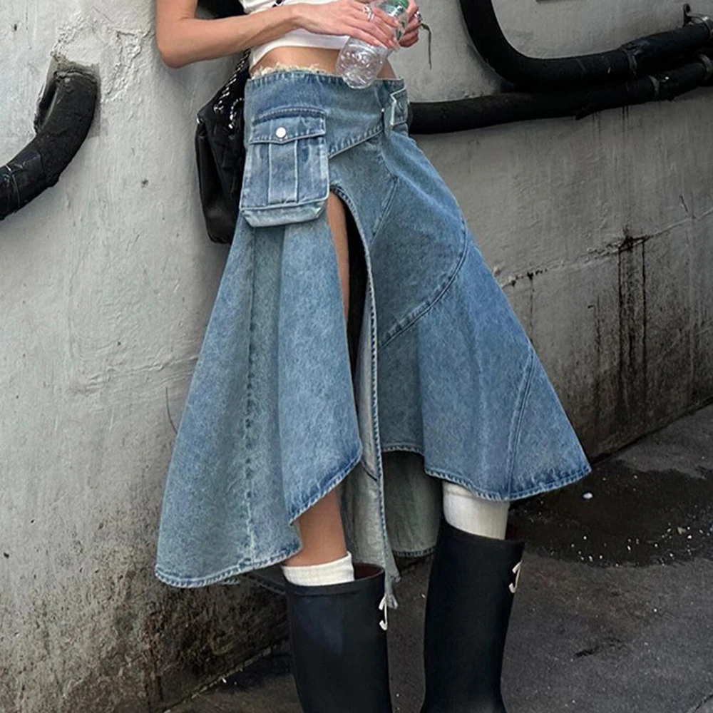 

American retro fashion niche tooling denim skirt children's Spice Girl design sense irregular and thin split skirt