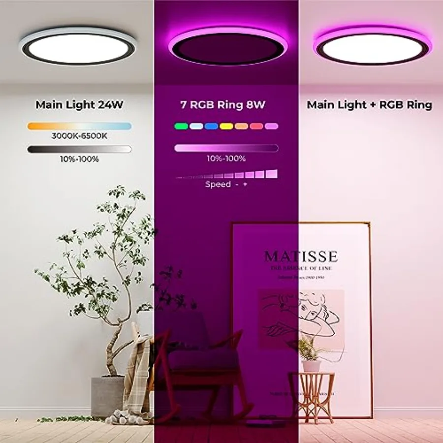 RGB Led Flush Mount Ceiling Light with Remote Control, 13Inch 24W 2400LM 3000K-6500K Dimmable Color Changing Wired Light Fixtur