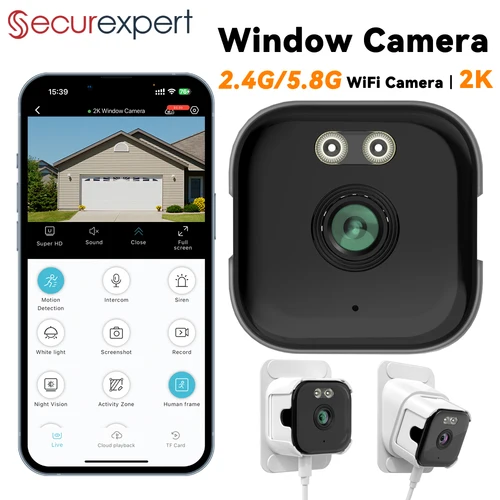 Cámara de ventana 2K con detección humana AI, visión nocturna a todo color, grabación 24/7, WiFi 2,4G/5,8G, audio bidireccional funciona con Alexa