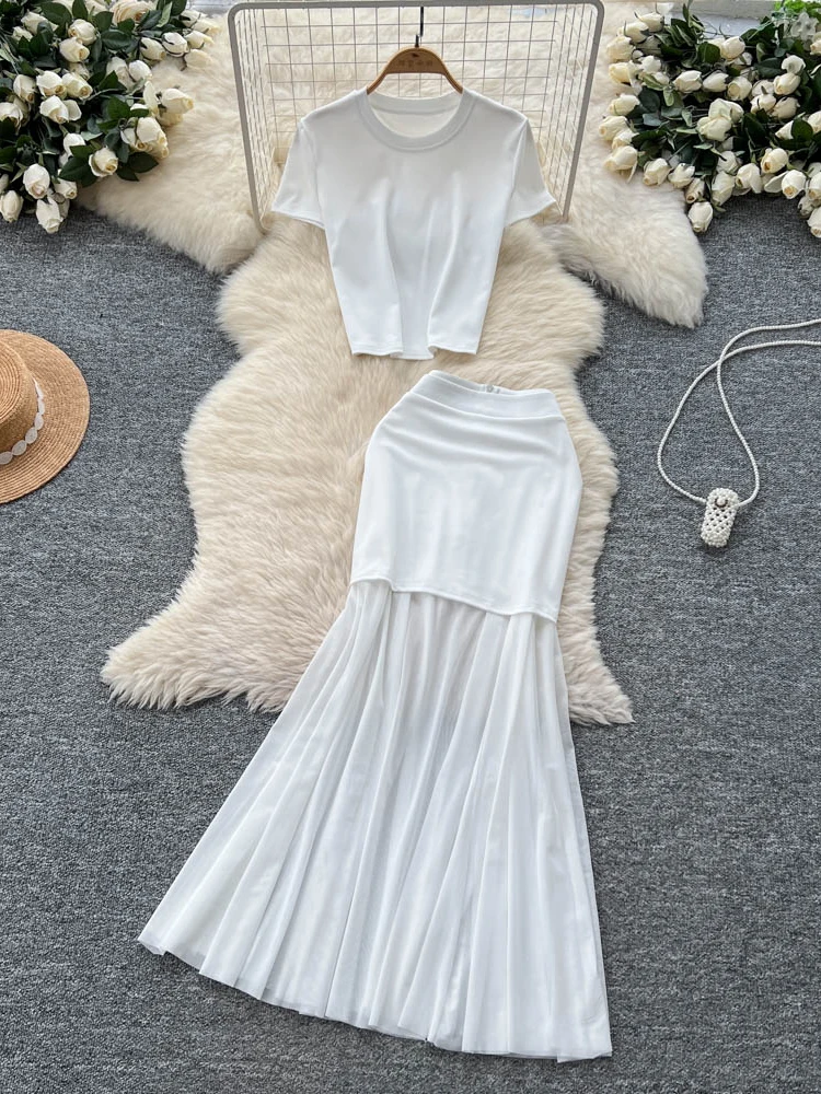 

Ele Summer Outfit Women's Simple round Ne ort Sve T-irt Top High Waist Me Splice Skirt Faion Set