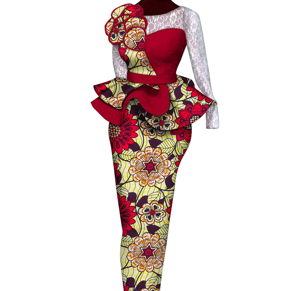 Conjuntos de falda africana, traje de mujer, faldas y Tops largos y rectos con decoración de encaje, ropa tradicional africana Bazin Riche WY6195
