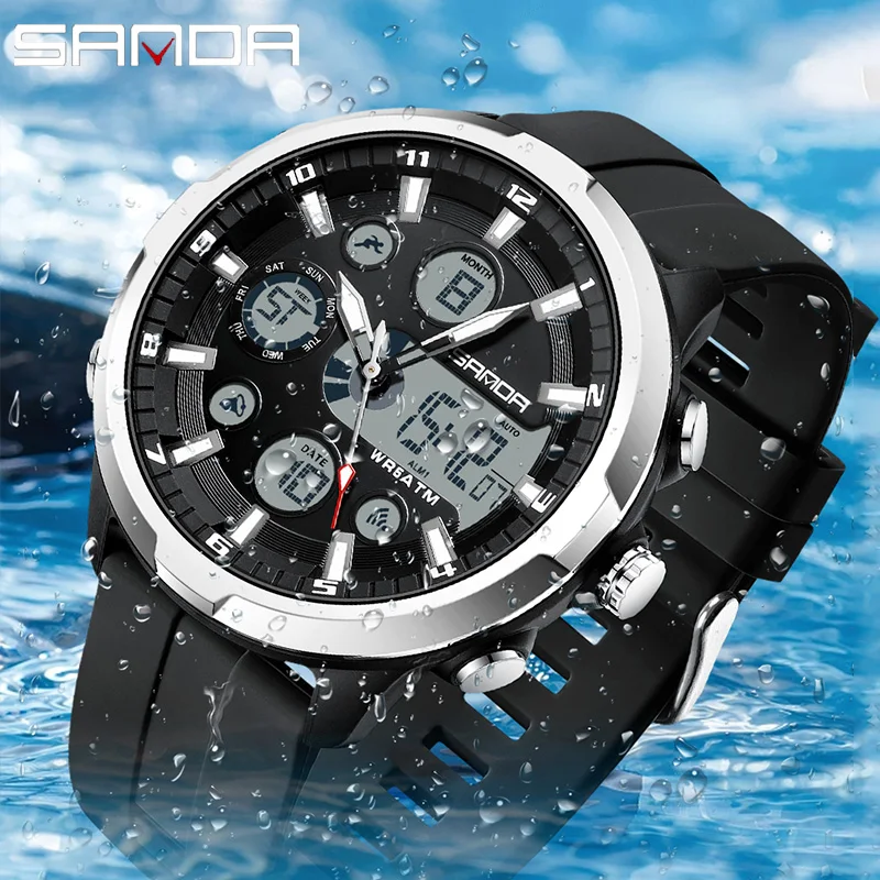 SANDA Top Brand G Style Men Watches 50M Waterproof Sports Military Quartz Watch For Male Double Display Digital Wristwatch Clock