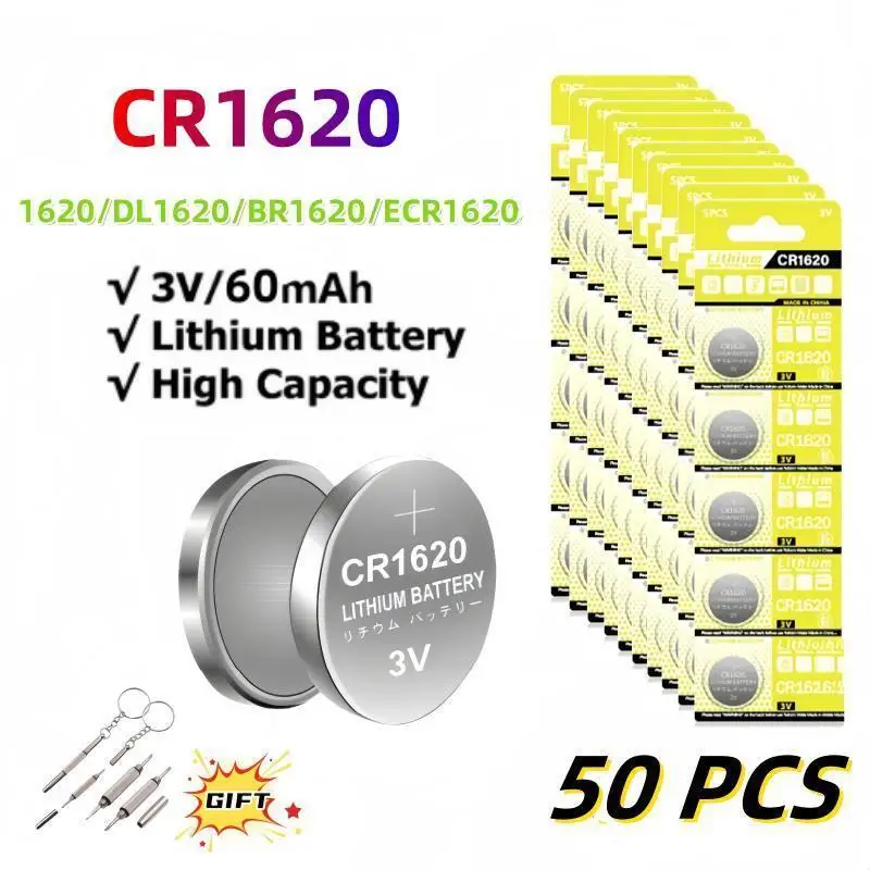 

50PCS CR1620 Battery Button DL1620 BR1620 Battery For Watch Car Remote Control Calculator Shavers Lithium Coin Cell