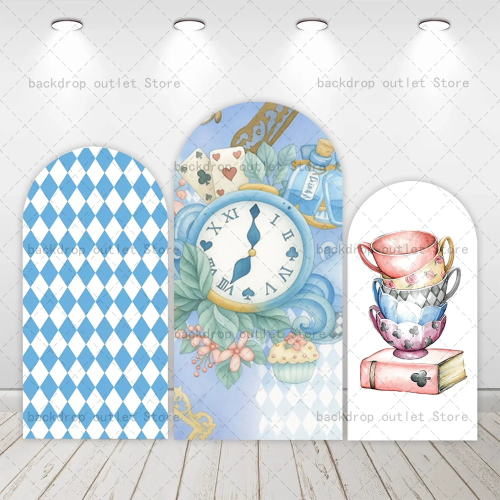 

Mehofond Cartoon Princess Theme Arch Backdrop Cover Blue Clock Grids Girls Birthday Party Tea Party Arch Backgrounds