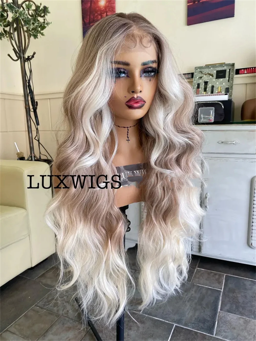

Synthetic HD Lace Front Wig Ash Blonde Balayage Realistic Look 13x4 Heat Resistant Long Wavy Hair 30" For Women Cosplay WigWig