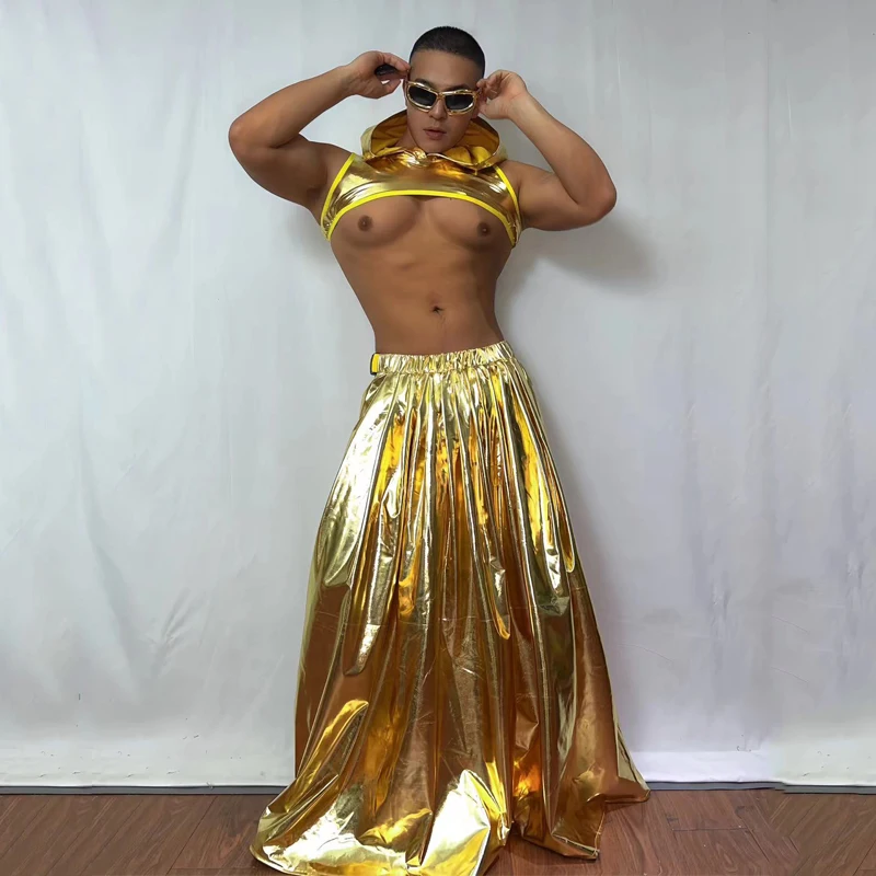 남성 섹시 폴댄스 의상 바 나이트클럽 DJ DS 고고 댄서 코스튬 골드 레이저 탑 스커트 머슬맨 재즈 레이브 의상 XS7635