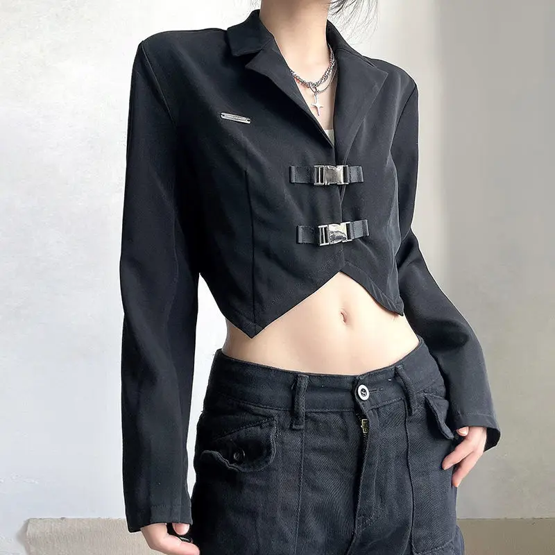 Cropped Black Blazer Women Long Sleeve Suit Jacket Buckle Belt Fashion Woman Blazer 2023 Casual Streetwear Short Jacket