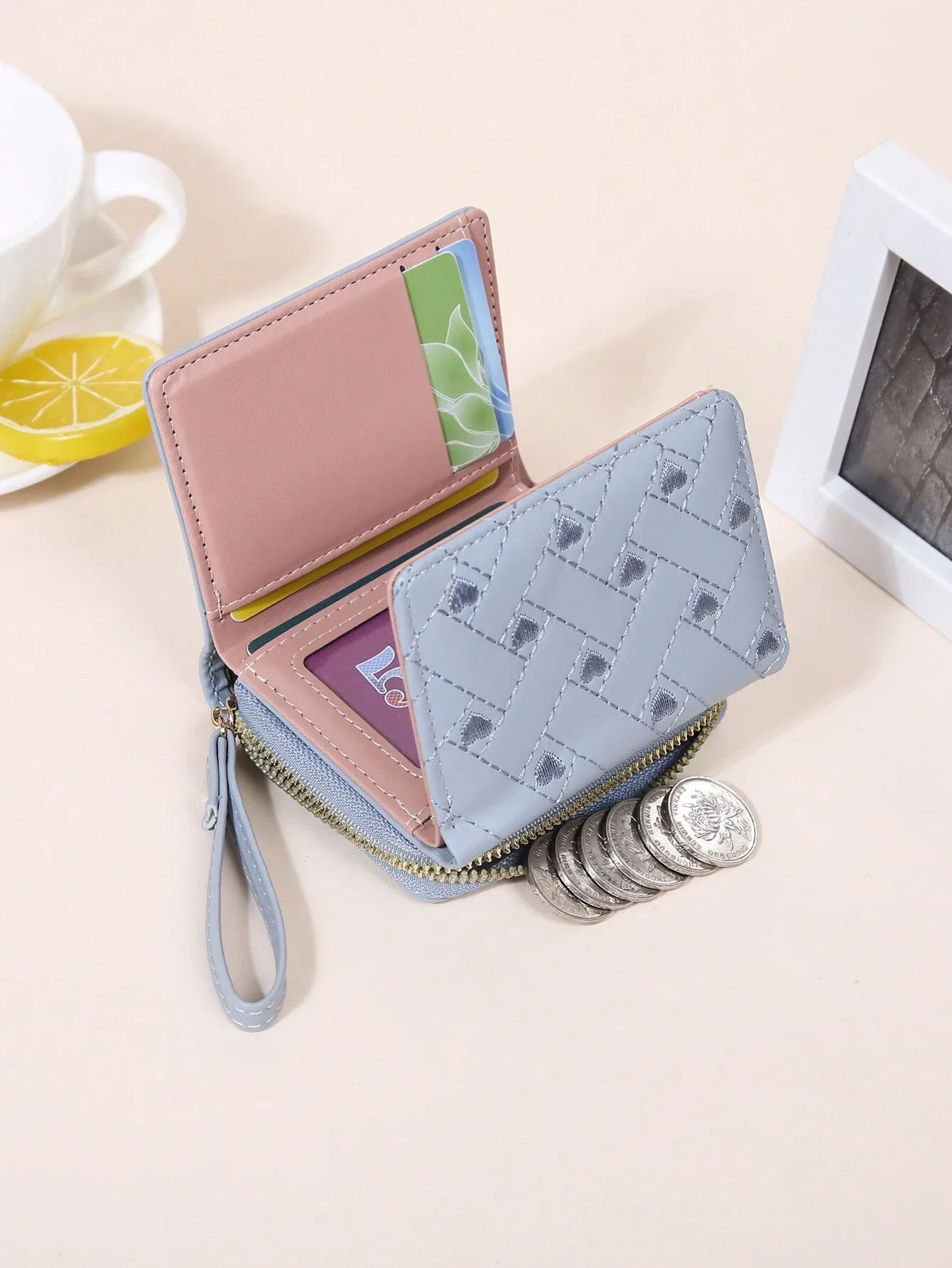 Heart Pattern Small Wallet Stitch Detail With Zipper Daily PU Leather Portable ID Card Money Credit Card Minimalist Fashion Mode