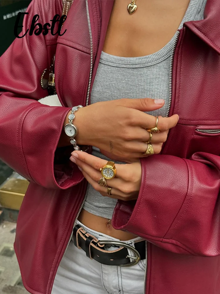 سترة نسائية من الجلد باللون الأحمر والنبيذ مع سحابات فضفاضة وأكمام طويلة معاطف لخريف 2025 ملابس خارجية نسائية كلاسيكية جديدة