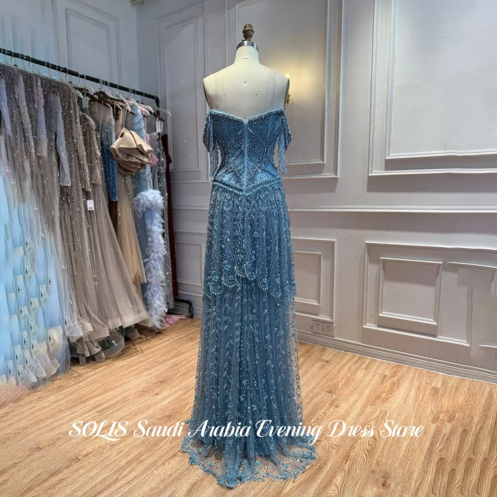 SOLIS Dusty Blue Strapless Prom Gown Sweetheart Heavy Beaded Evening Dress Premium Women A-Line Wedding Party Dress Customized