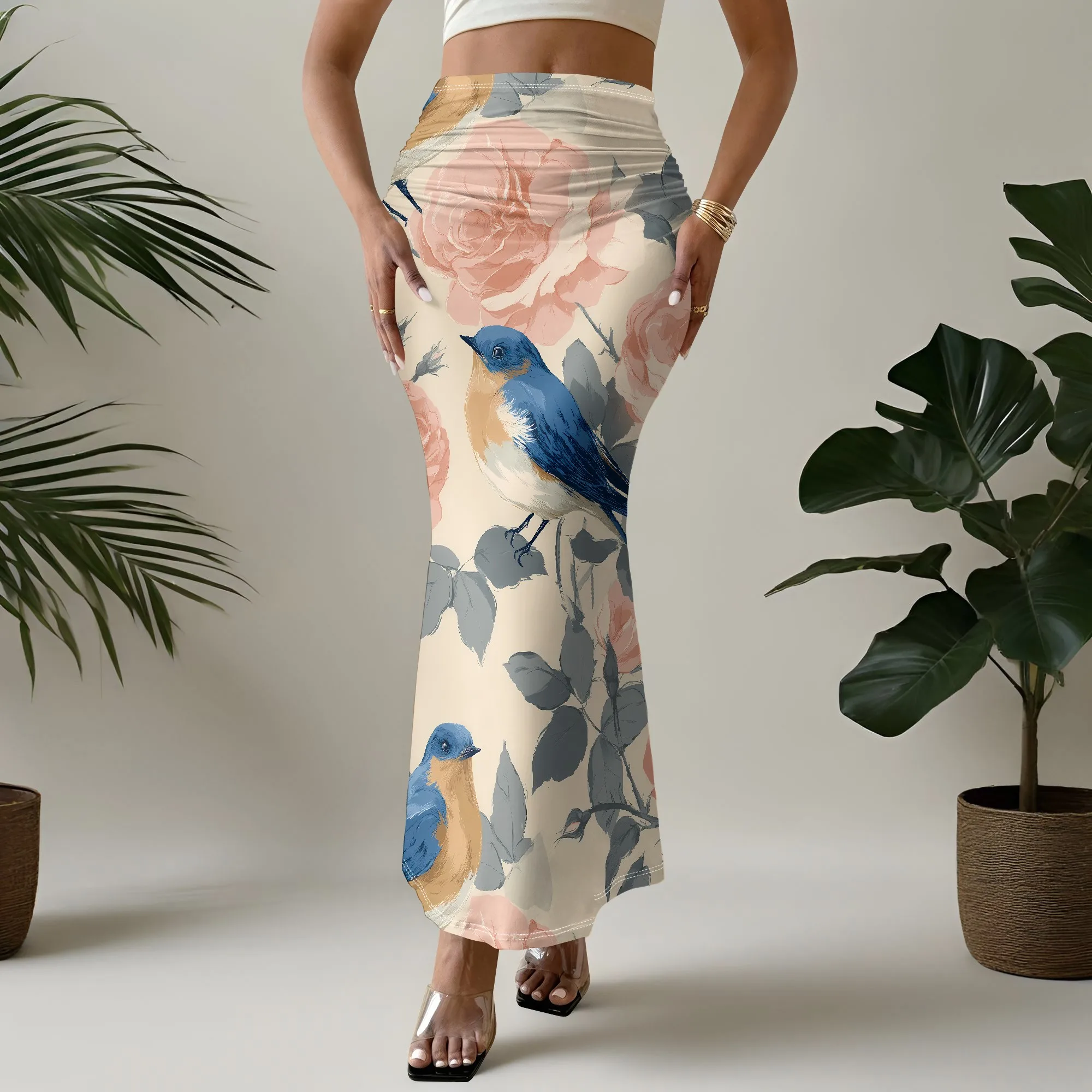 Vintage Bird Print, Mermaid Skirt, Floral Pattern, Ruffle Hem, Boho Beach Wear, S-2XL