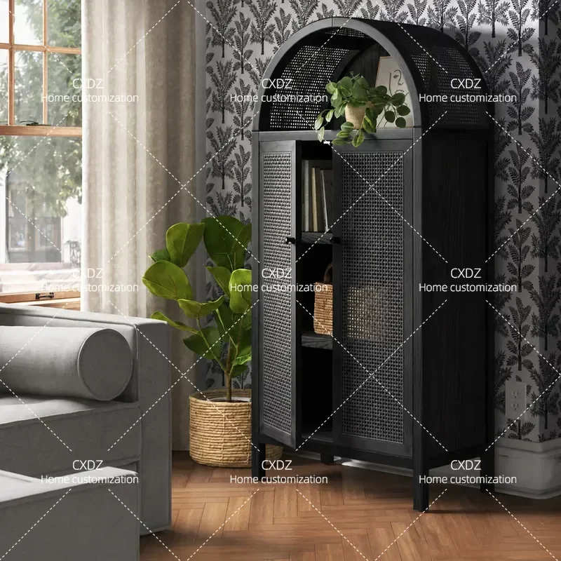 American light luxury braided rattan arched bookcase modern simple living room storage cabinet French rural retro solid wood