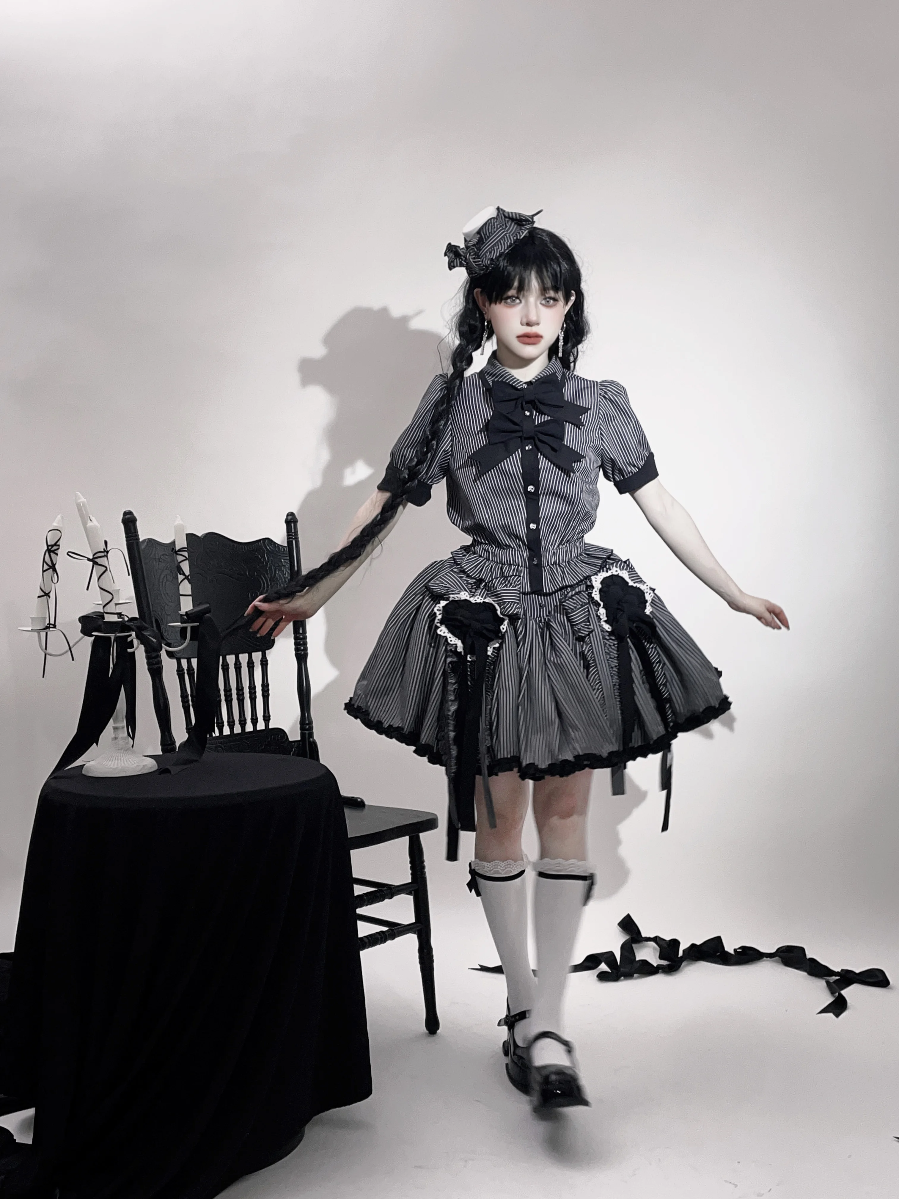 Black Gothic Subculture Dark Striped Short Sleeve Shirt Summer New Women's Slim Fit Retro Elegant Blouses Cake Skirt Cos Costume