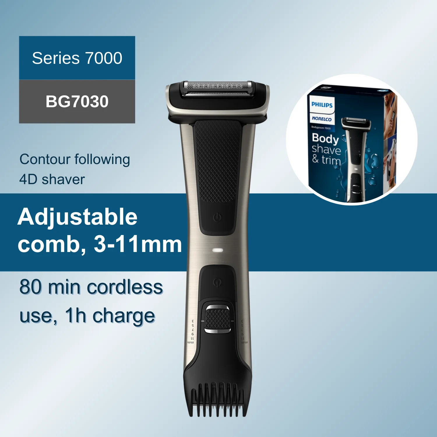 Philips Norelco Bodygroom Series 7000 BG7030, Adjustable Comb, 3-11mm, ContourFollowing 4D Shaver, 80 Min Cordless Use