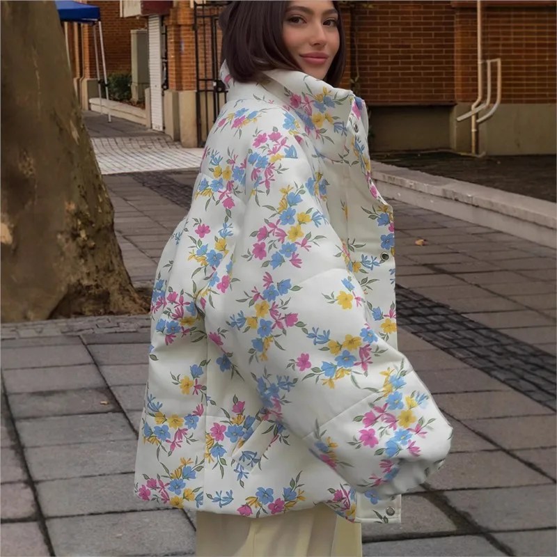 New Autumn Winter Coat Thick Warm Puffer Jacket Women's Chic Floral Print Loose Stand Collar Zipper Cotton Filled Outwear 2025