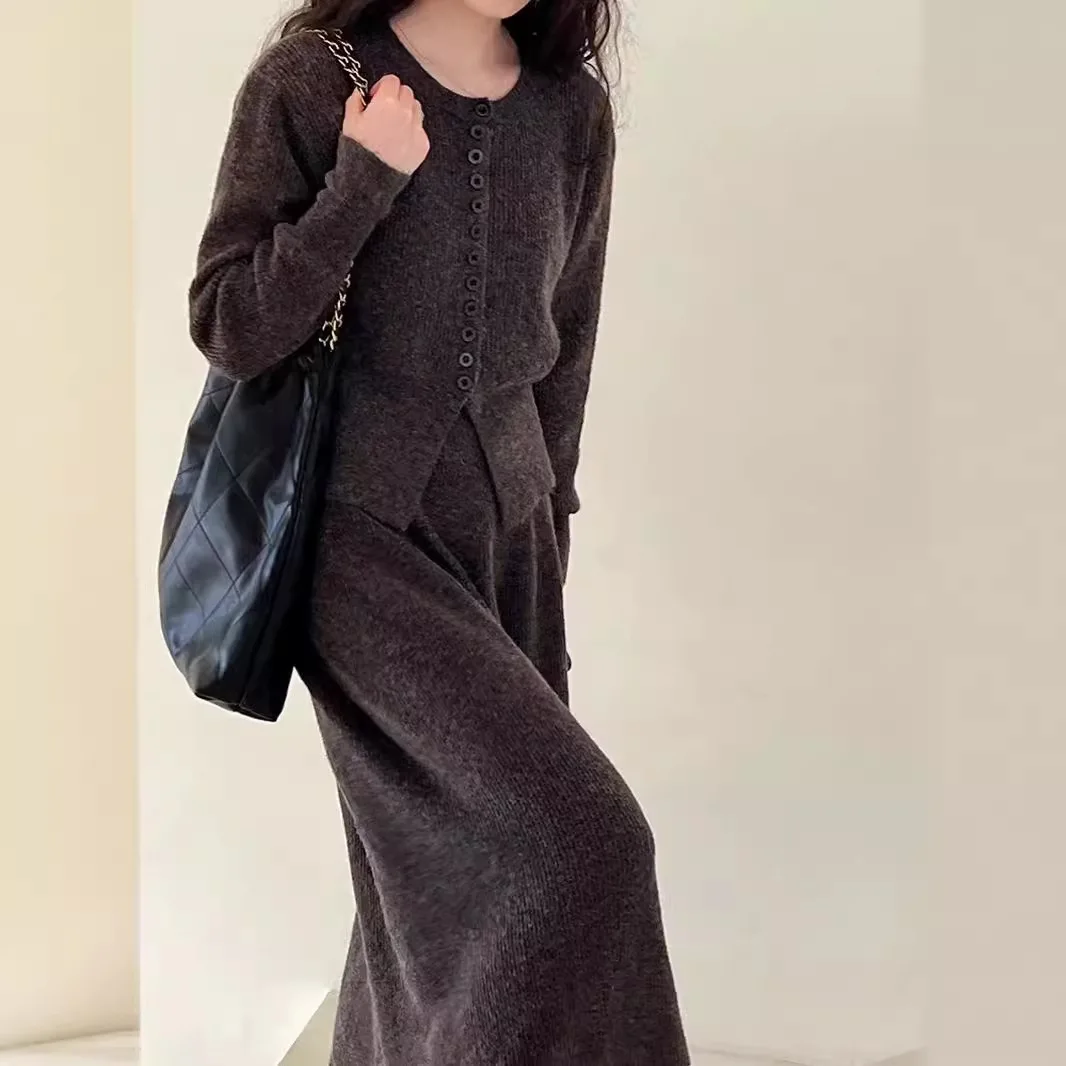 Autumn and Winter New French Solid Color Fashion Knitted Sweater+High Waist Long Dress Two Piece Set