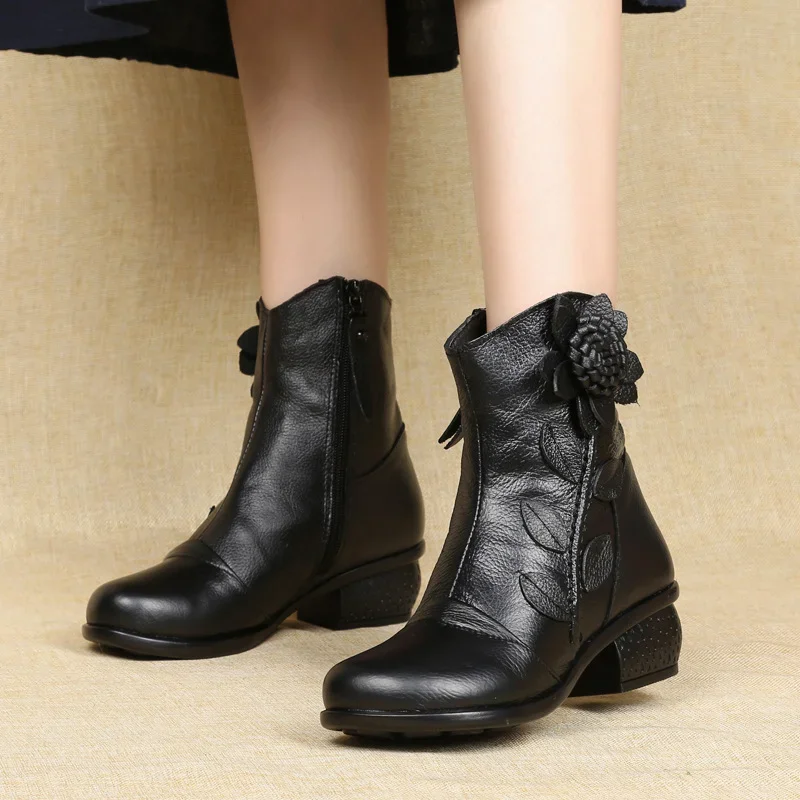 Women Boots Shoes Woman Handmade Vintage Genuine Leather Low-Heeled Shoe Round Toe High Quqlity Shoes Winter Fashion Shoes Women