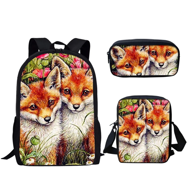 Mochila com 3d fox print, 3 pcs/set, mochila, laptop, laptop, mochila, bolsa de ombro, estojo