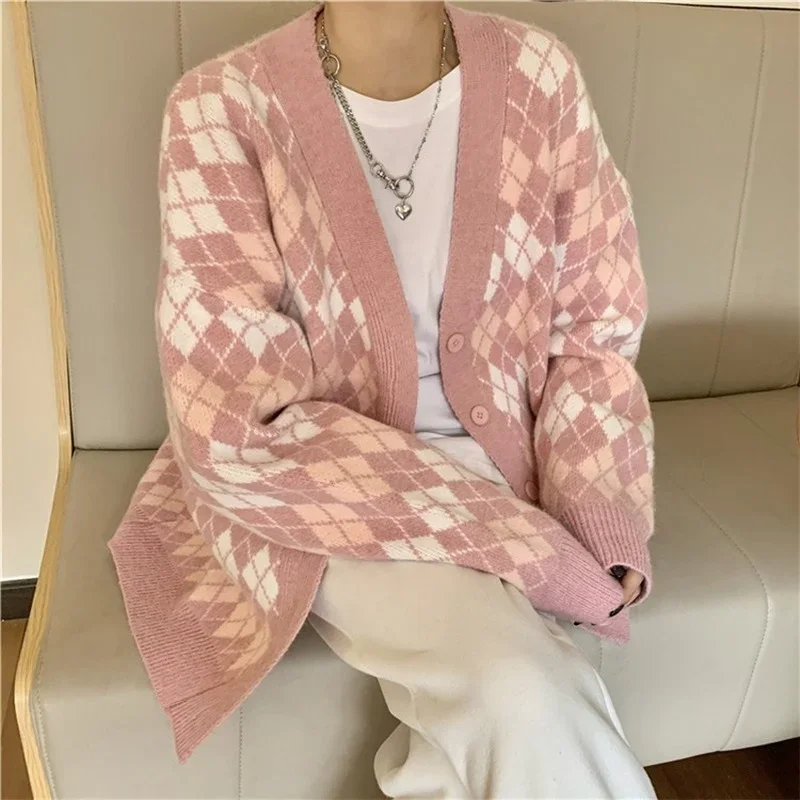 Women\'s Cardigans Long Sleeve Argyle Knitted Sweaters Ladies Korean Pink with Buttons V Neck Cardigan Jacket for Women