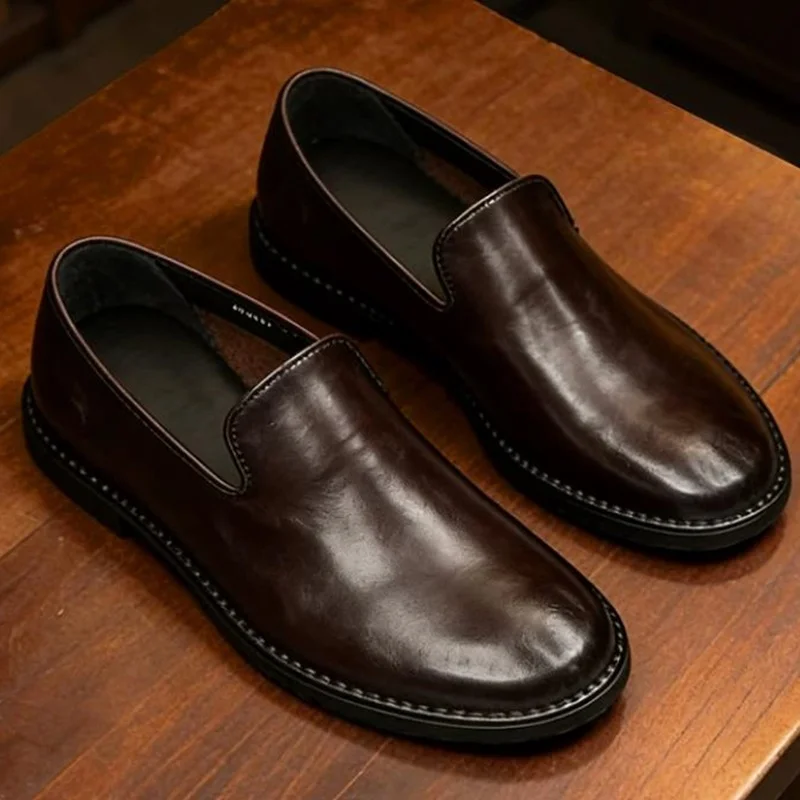 High Quality First-layer Calfskin Slip-on Casual Shoes For Men Water-washed Craftsmanship Leather Loafers Mocassins Man Flats