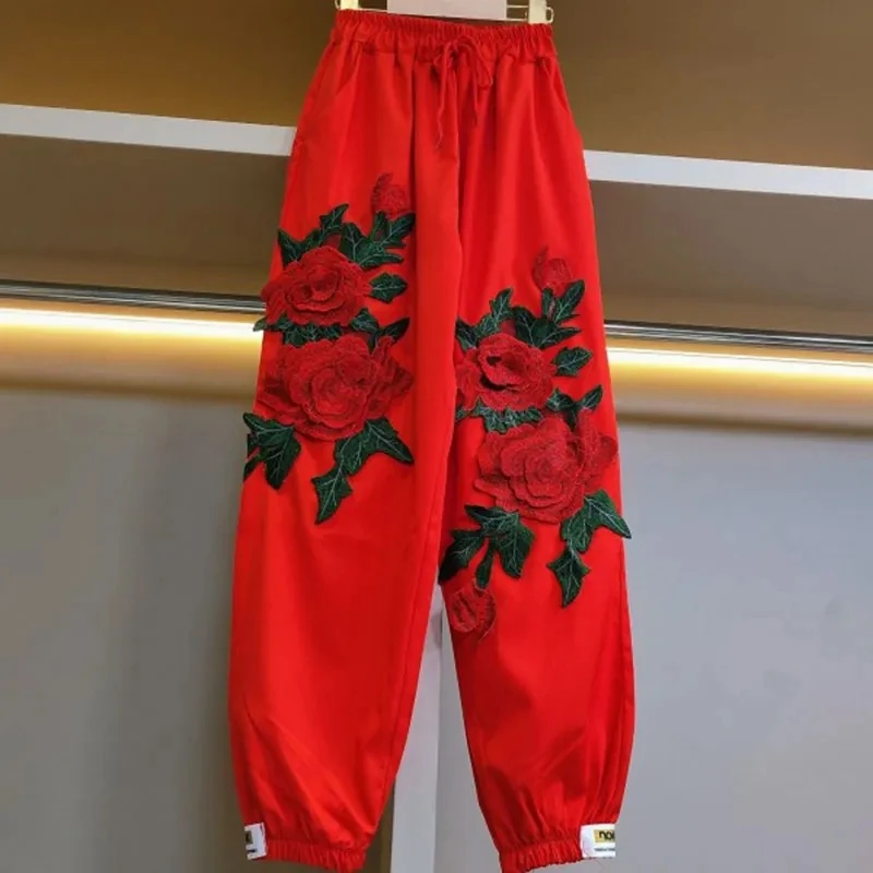 SpringSummer Red Rose embroidery Loose Casual Pants Women Chic Ankle Banded Pants Femme Trousers High Street Ladies Harem Pants