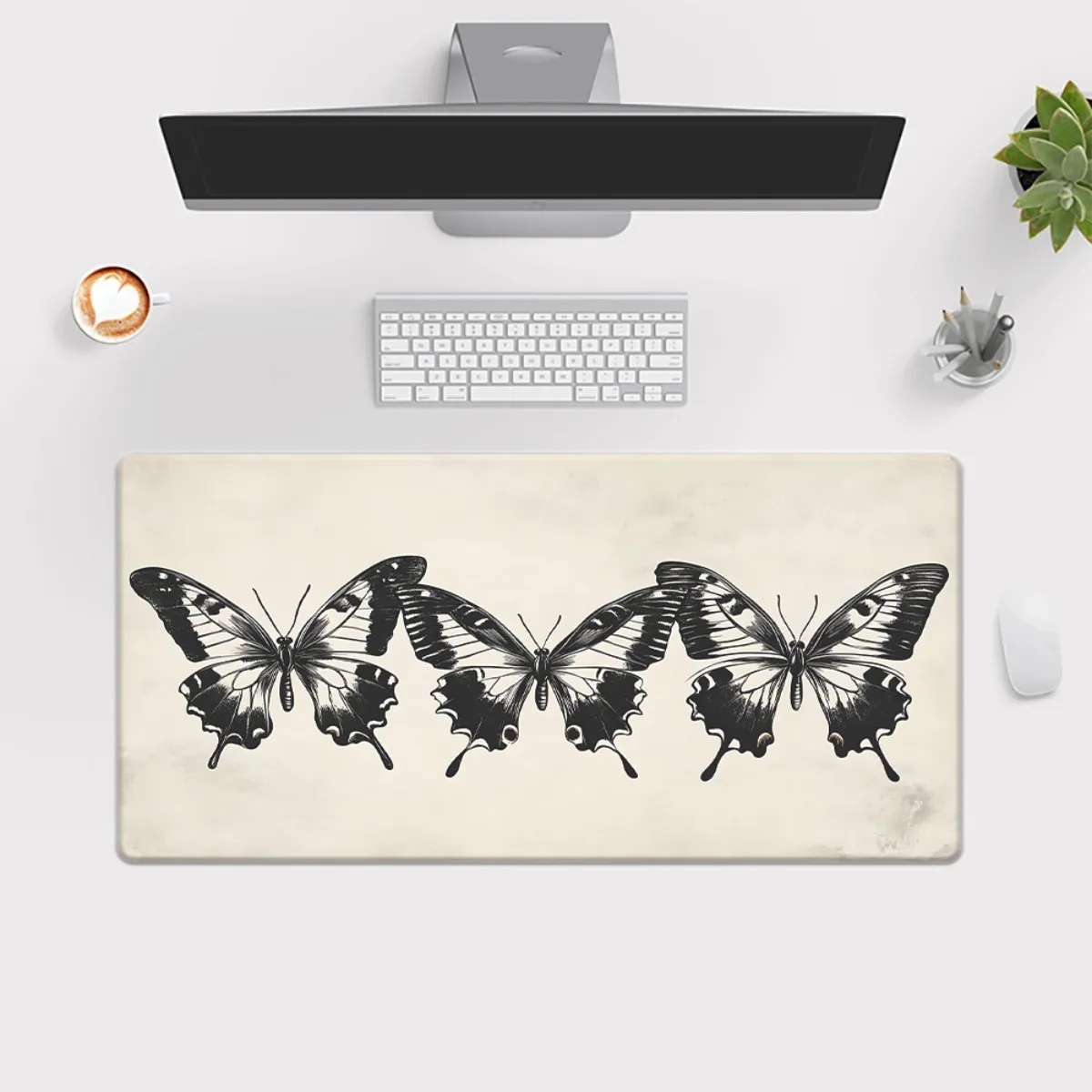 Butterfly Illustration Desk Mat Black and White Vintage Mouse Pad Gaming Keyboard Pad Non-Slip Rubber Office Accessory