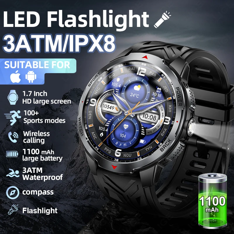 

LIGE Military 1100mAh Super Big Battery Men Compass Smart Watch 1.7-inch AMOLED Bluetooth Call IP68 Waterproof Sports Smartwatch