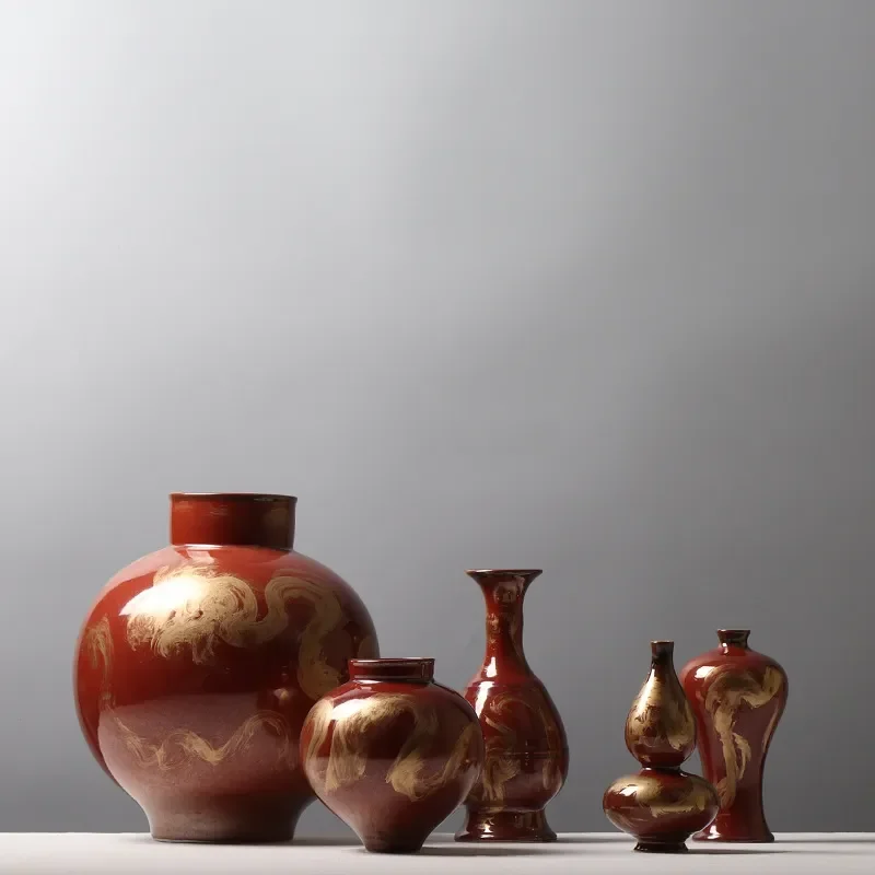 for Chinese Red Vase Plum Vase Jade Pot SpringGourd Vase Creative Flower Arrangement Bogu Frame Ceramic Ornament