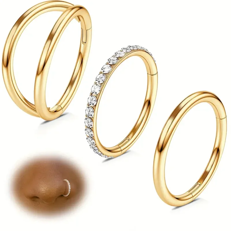 3 uds. De anillos de nariz con bisagras de acero inoxidable, conjunto de joyería para Piercing, Clicker para tabique nasal, pendiente de aro con lóbulo Daith, Piercing corporal Universal