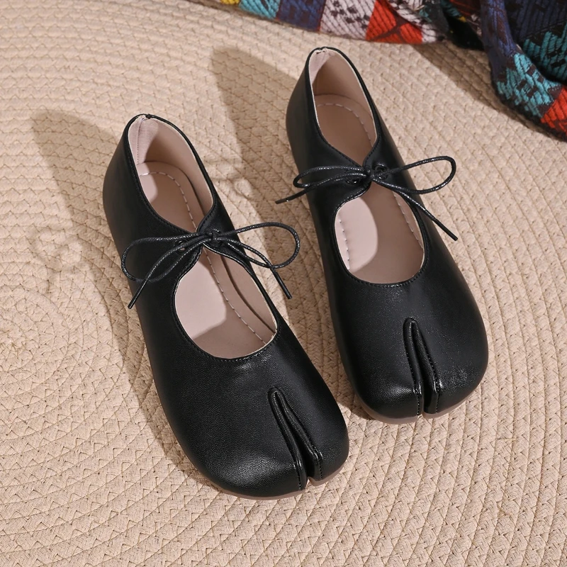 French Flat Bottom Butterfly Knot One Strap Split Toe Shoe Comfortable All-Match Women's Ballet Flat Shoe round Head Ultra-Fiber