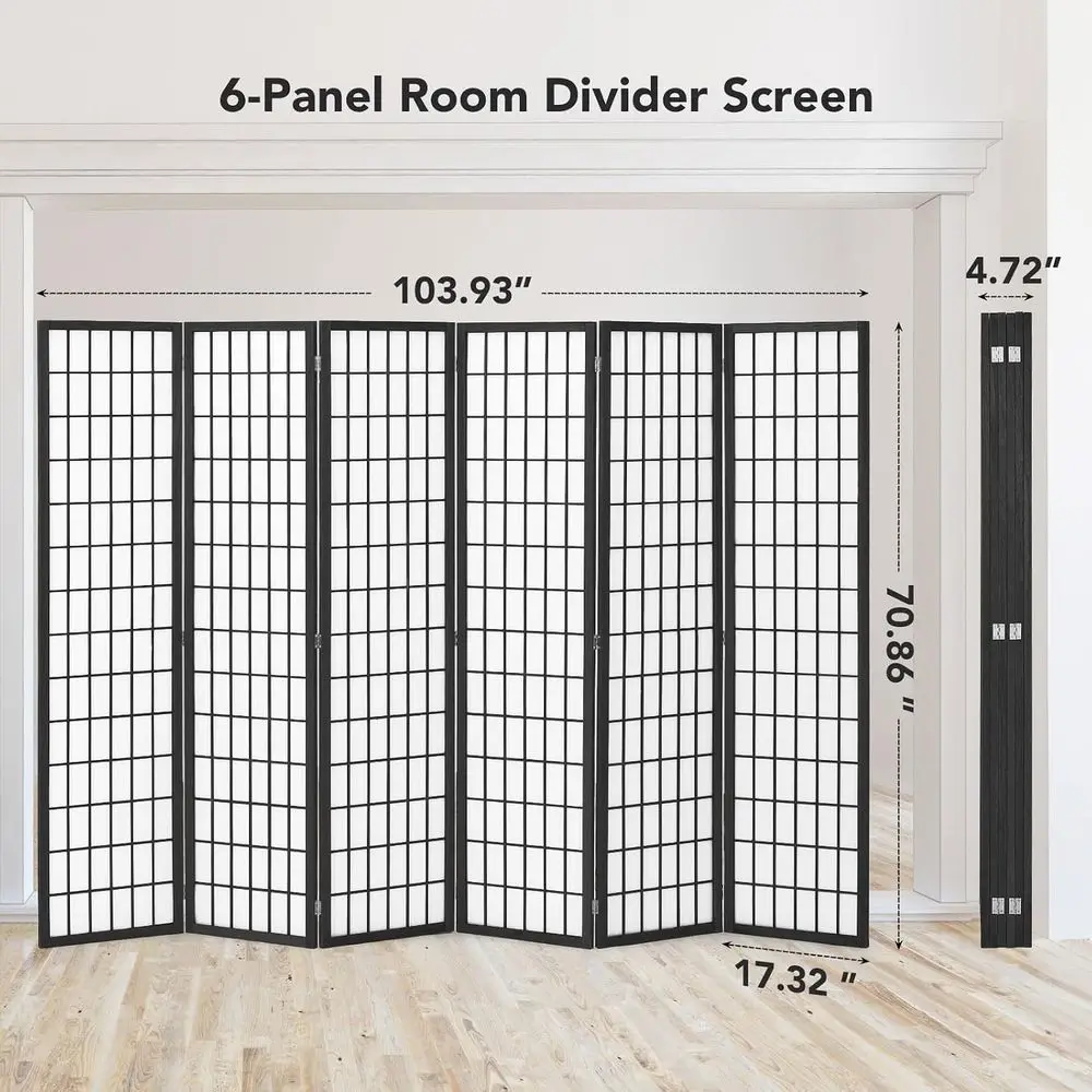 Japanese Style 6-Panel Black Room Divider for Privacy and Separation, 70.9H x 104W